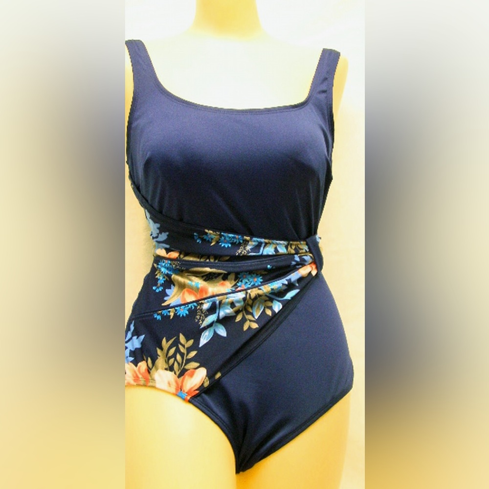 18 D cup NWT draped sash Roxanne swimsuit E47034 navy blue orange